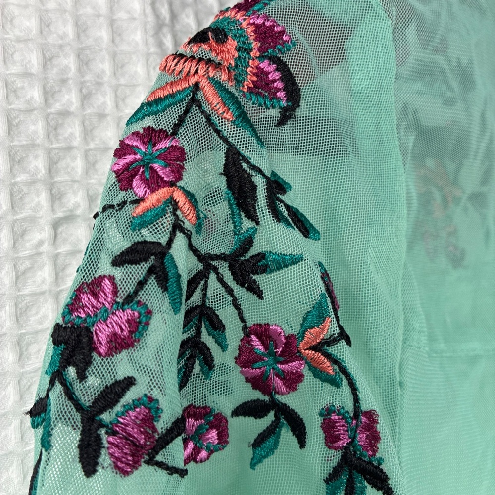 Embroidered Sheer Tunic Babydoll Top Aqua Blue Green Pink Floral Boho M L Dainty
